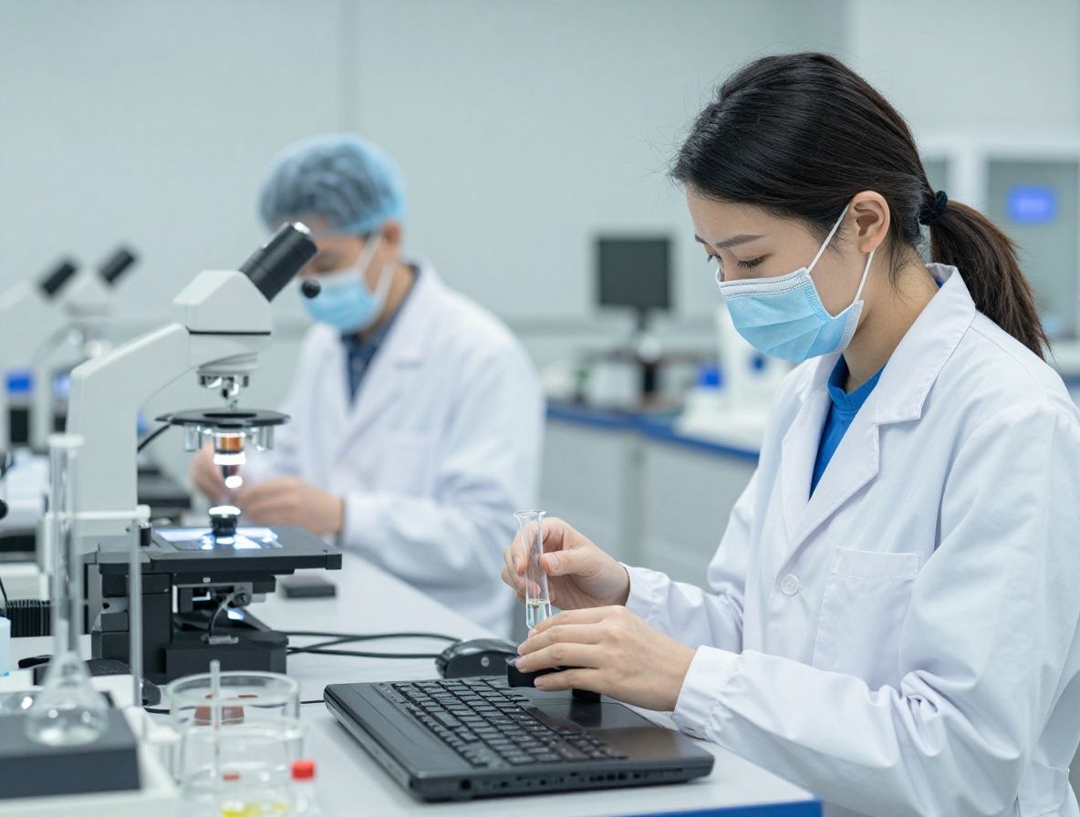 Abstrakti lähikuvaus tieteellisistä lasisista reagenssiastioista laboratorioympäristössä, ilman ihmisiä, sinertävä valaistusvaikutus