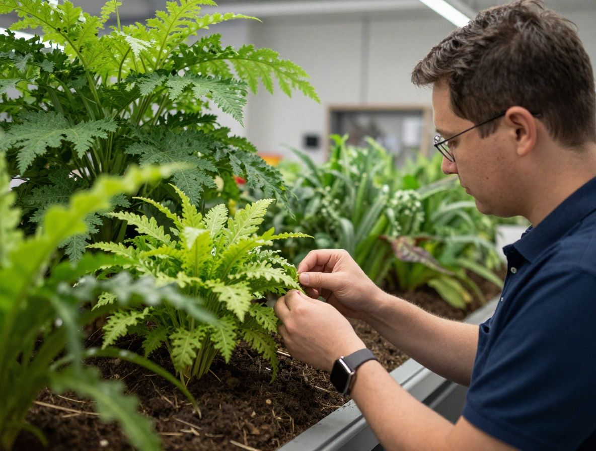 Vihreät kasvit kirjahyllyssä tutkimushuoneessa, akateeminen ja rauhallinen tunnelma, luonnonvalo ikkunasta
